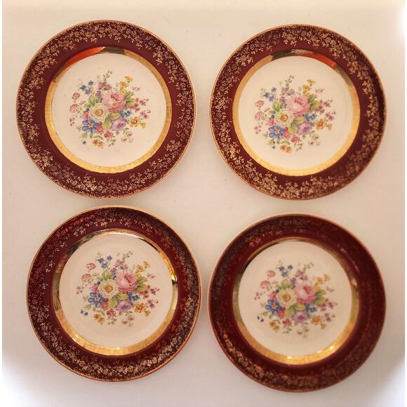 PLATES-BREAD-BUTTER-CENTURY BY SALEM-23K Gold Encrusted-Burgundy-Floral-Set of 4 - Picture 8 of 16